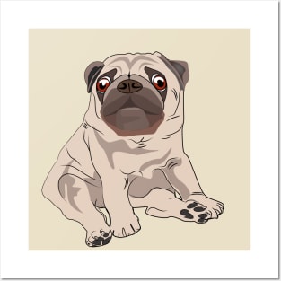 Cute puppy pug sitting down - hand drawing illustrations Posters and Art